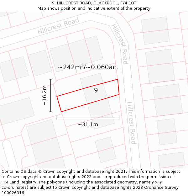 9, HILLCREST ROAD, BLACKPOOL, FY4 1QT: Plot and title map