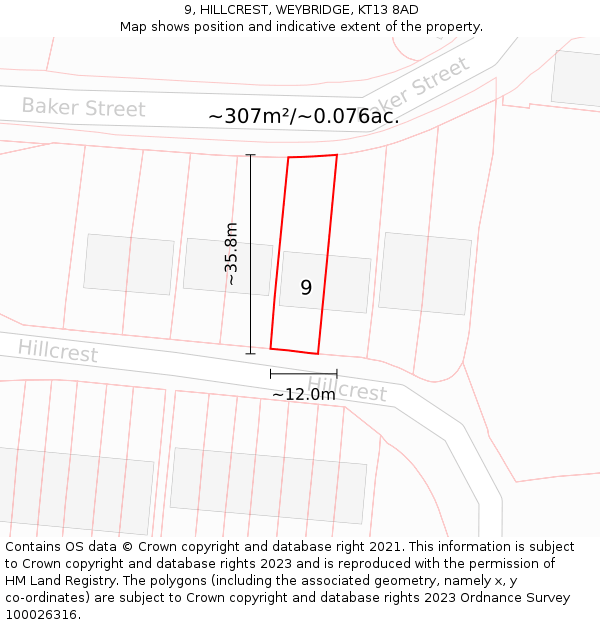 9, HILLCREST, WEYBRIDGE, KT13 8AD: Plot and title map