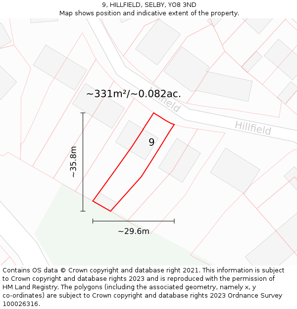 9, HILLFIELD, SELBY, YO8 3ND: Plot and title map