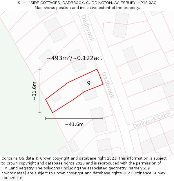 9, HILLSIDE COTTAGES, DADBROOK, CUDDINGTON, AYLESBURY, HP18 0AQ: Plot and title map