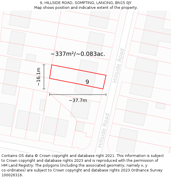 9, HILLSIDE ROAD, SOMPTING, LANCING, BN15 0JY: Plot and title map