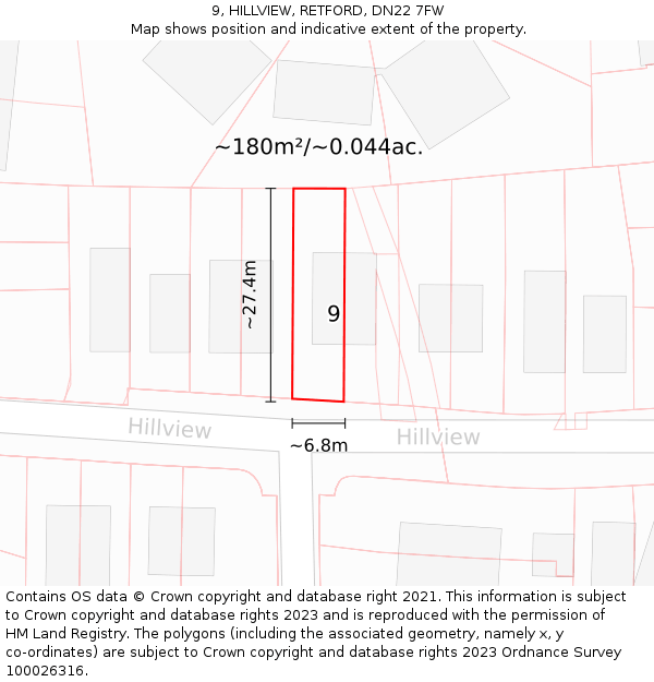 9, HILLVIEW, RETFORD, DN22 7FW: Plot and title map