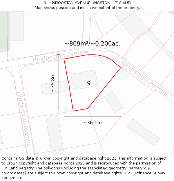 9, HINDOOSTAN AVENUE, WIGSTON, LE18 4UD: Plot and title map