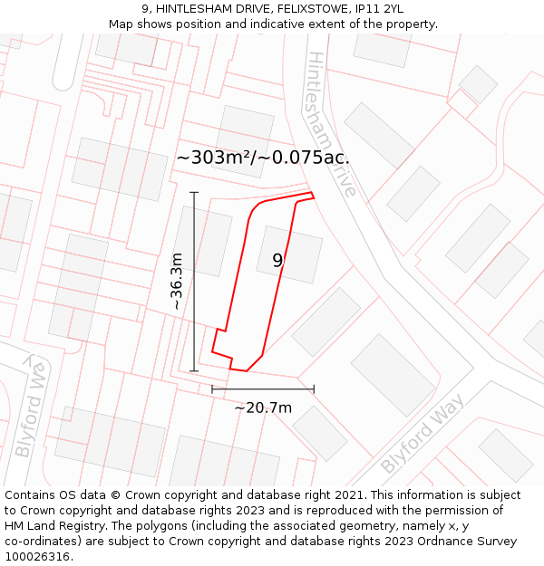 9, HINTLESHAM DRIVE, FELIXSTOWE, IP11 2YL: Plot and title map