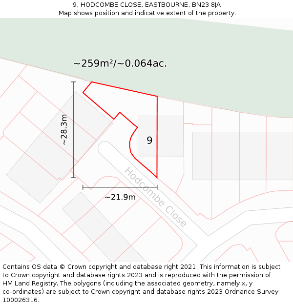 9, HODCOMBE CLOSE, EASTBOURNE, BN23 8JA: Plot and title map