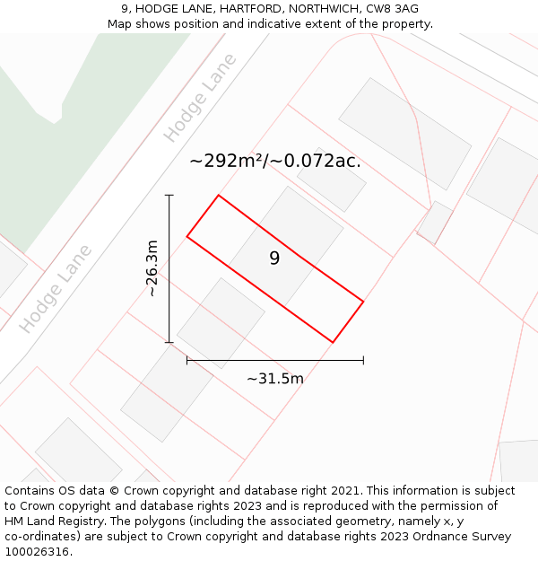 9, HODGE LANE, HARTFORD, NORTHWICH, CW8 3AG: Plot and title map