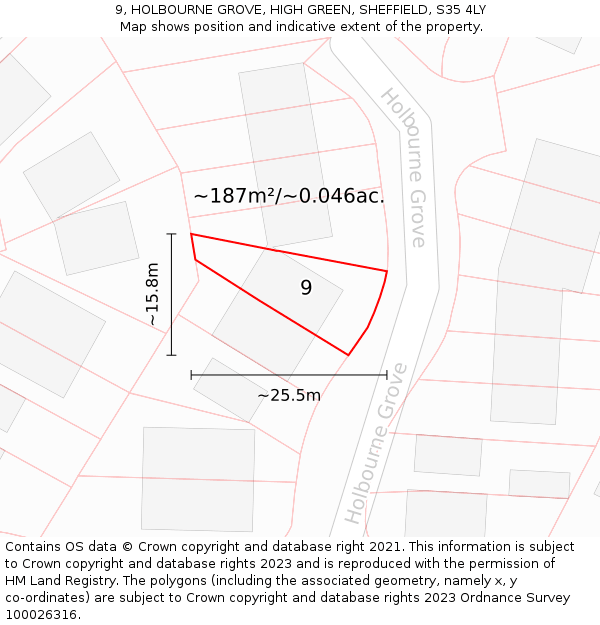 9, HOLBOURNE GROVE, HIGH GREEN, SHEFFIELD, S35 4LY: Plot and title map