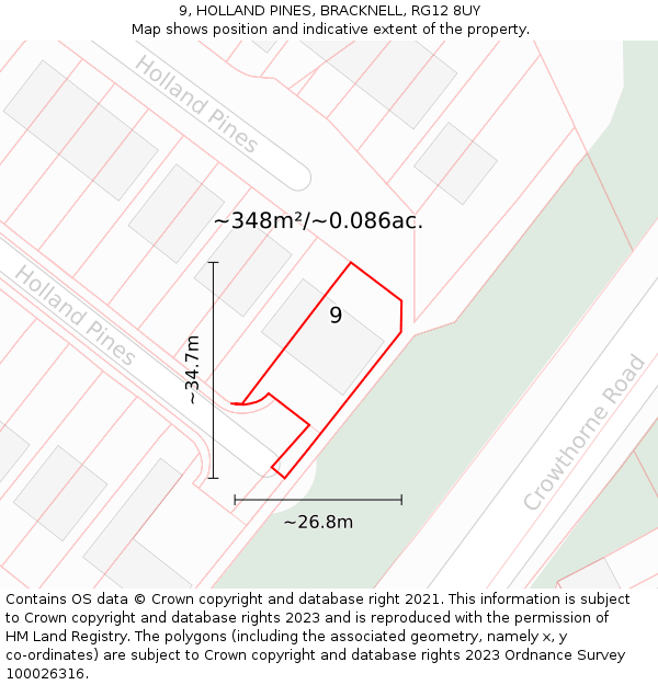 9, HOLLAND PINES, BRACKNELL, RG12 8UY: Plot and title map