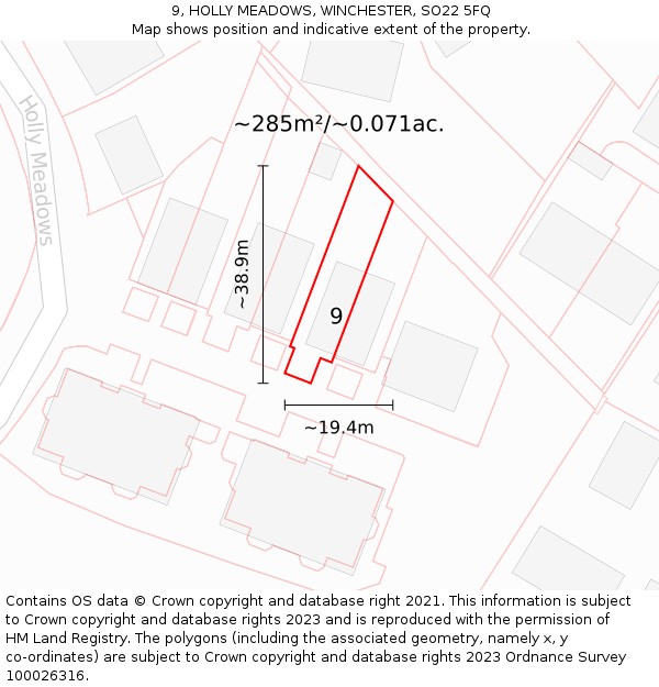 9, HOLLY MEADOWS, WINCHESTER, SO22 5FQ: Plot and title map