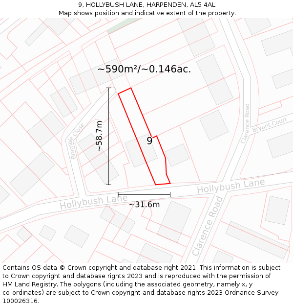 9, HOLLYBUSH LANE, HARPENDEN, AL5 4AL: Plot and title map