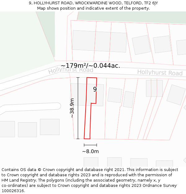 9, HOLLYHURST ROAD, WROCKWARDINE WOOD, TELFORD, TF2 6JY: Plot and title map