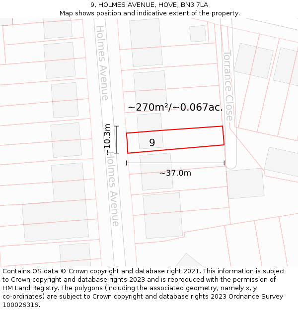 9, HOLMES AVENUE, HOVE, BN3 7LA: Plot and title map