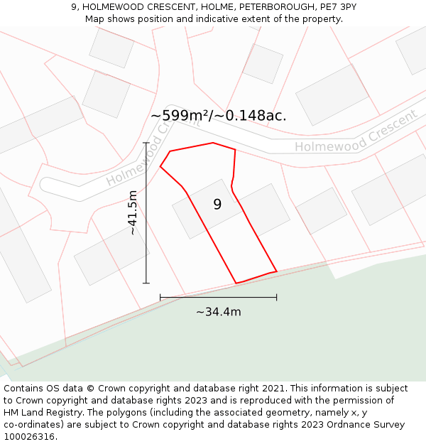 9, HOLMEWOOD CRESCENT, HOLME, PETERBOROUGH, PE7 3PY: Plot and title map