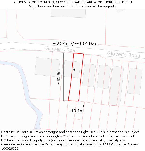 9, HOLMWOOD COTTAGES, GLOVERS ROAD, CHARLWOOD, HORLEY, RH6 0EH: Plot and title map
