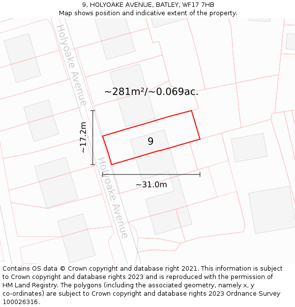 9, HOLYOAKE AVENUE, BATLEY, WF17 7HB: Plot and title map