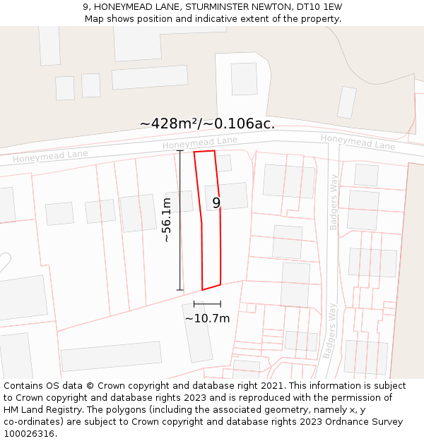 9, HONEYMEAD LANE, STURMINSTER NEWTON, DT10 1EW: Plot and title map