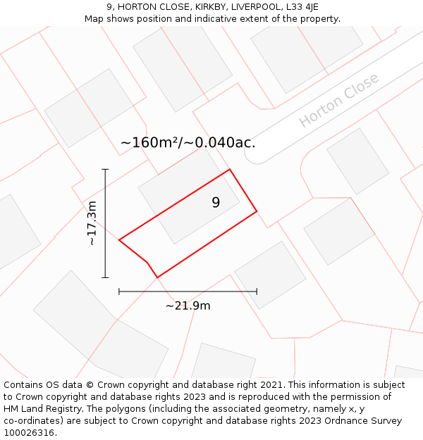 9, HORTON CLOSE, KIRKBY, LIVERPOOL, L33 4JE: Plot and title map