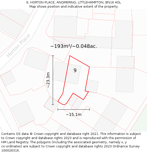 9, HORTON PLACE, ANGMERING, LITTLEHAMPTON, BN16 4GL: Plot and title map