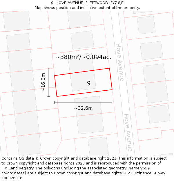 9, HOVE AVENUE, FLEETWOOD, FY7 8JE: Plot and title map