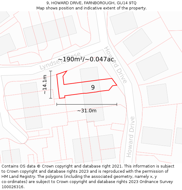 9, HOWARD DRIVE, FARNBOROUGH, GU14 9TQ: Plot and title map