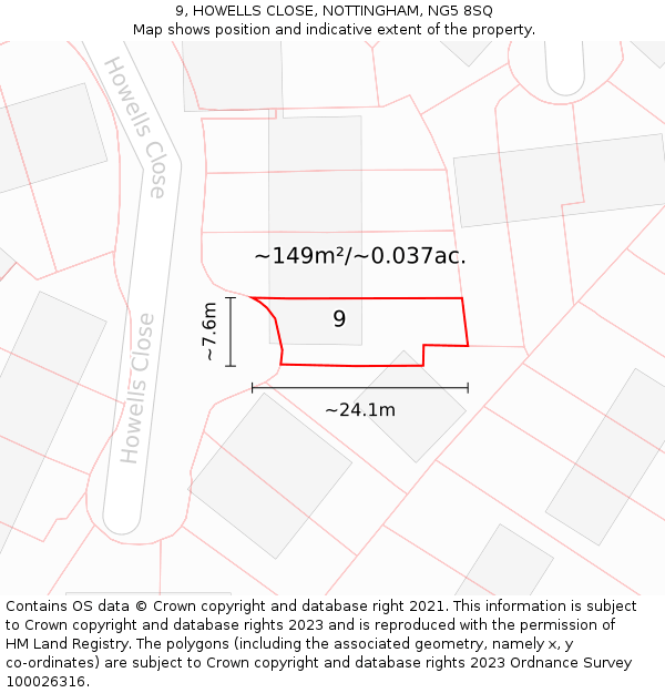 9, HOWELLS CLOSE, NOTTINGHAM, NG5 8SQ: Plot and title map