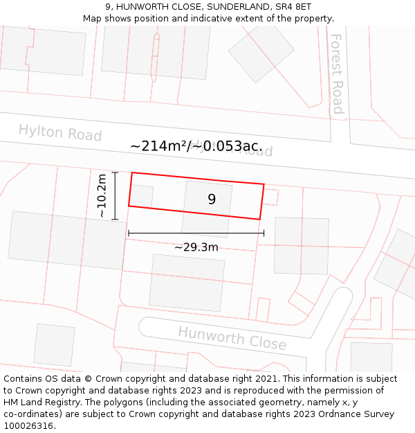 9, HUNWORTH CLOSE, SUNDERLAND, SR4 8ET: Plot and title map