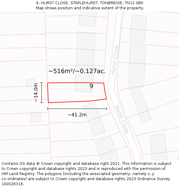 9, HURST CLOSE, STAPLEHURST, TONBRIDGE, TN12 0BX: Plot and title map