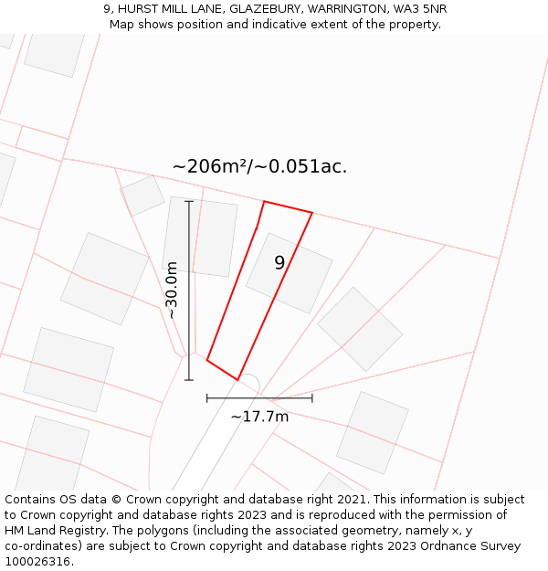 9, HURST MILL LANE, GLAZEBURY, WARRINGTON, WA3 5NR: Plot and title map