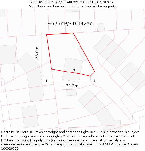 9, HURSTFIELD DRIVE, TAPLOW, MAIDENHEAD, SL6 0PF: Plot and title map