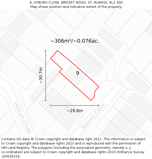 9, HYBURN CLOSE, BRICKET WOOD, ST. ALBANS, AL2 3QX: Plot and title map