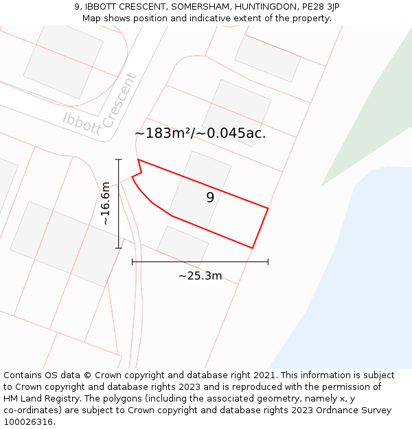 9, IBBOTT CRESCENT, SOMERSHAM, HUNTINGDON, PE28 3JP: Plot and title map