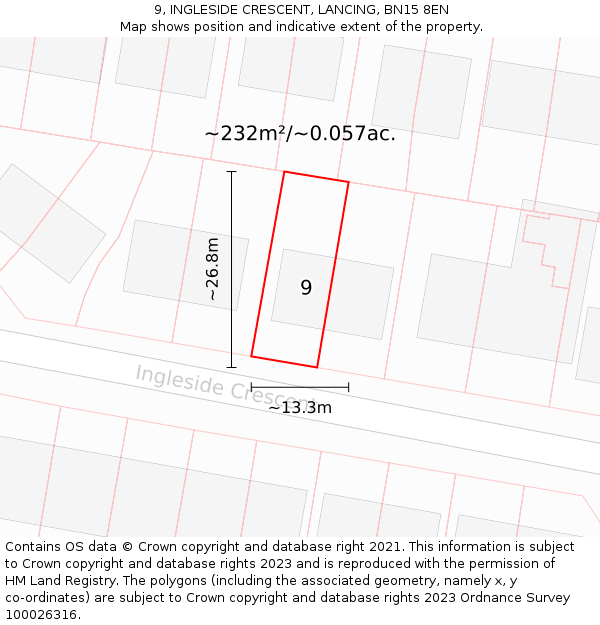 9, INGLESIDE CRESCENT, LANCING, BN15 8EN: Plot and title map