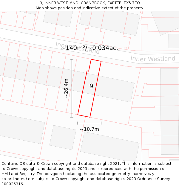 9, INNER WESTLAND, CRANBROOK, EXETER, EX5 7EQ: Plot and title map