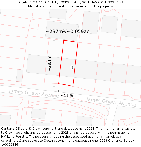 9, JAMES GRIEVE AVENUE, LOCKS HEATH, SOUTHAMPTON, SO31 6UB: Plot and title map