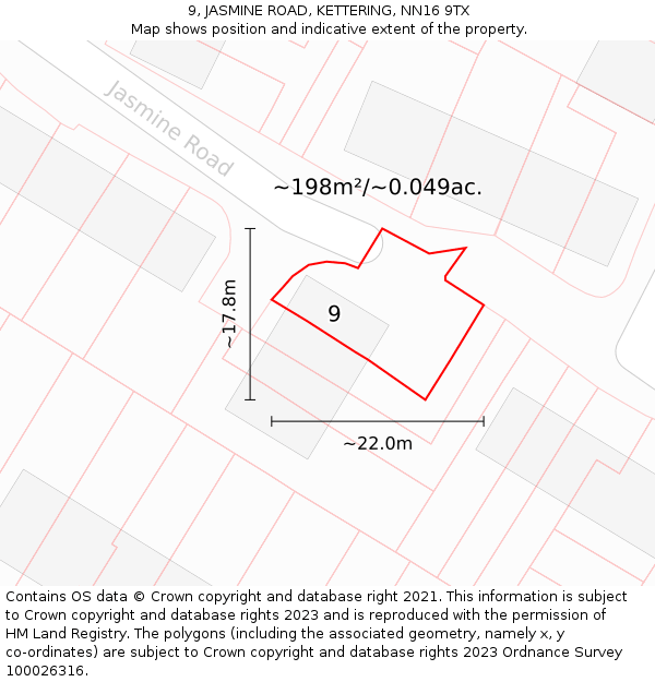 9, JASMINE ROAD, KETTERING, NN16 9TX: Plot and title map