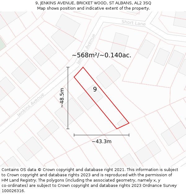 9, JENKINS AVENUE, BRICKET WOOD, ST ALBANS, AL2 3SQ: Plot and title map