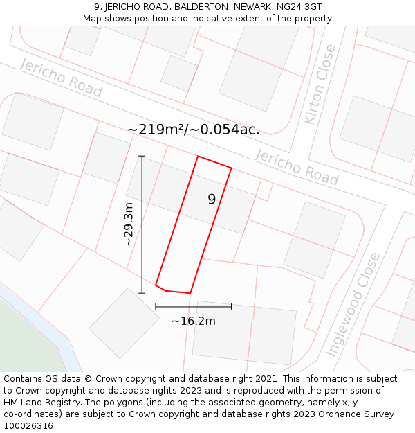 9, JERICHO ROAD, BALDERTON, NEWARK, NG24 3GT: Plot and title map