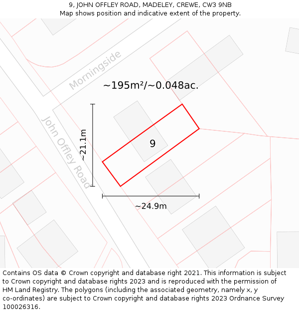 9, JOHN OFFLEY ROAD, MADELEY, CREWE, CW3 9NB: Plot and title map