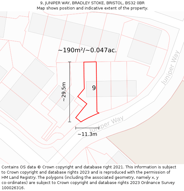 9, JUNIPER WAY, BRADLEY STOKE, BRISTOL, BS32 0BR: Plot and title map