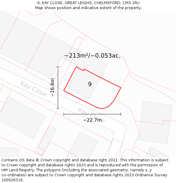 9, KAY CLOSE, GREAT LEIGHS, CHELMSFORD, CM3 1RU: Plot and title map