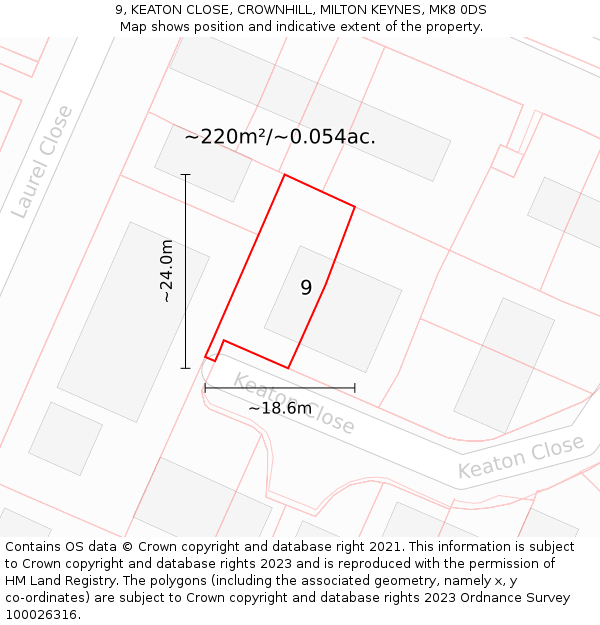 9, KEATON CLOSE, CROWNHILL, MILTON KEYNES, MK8 0DS: Plot and title map