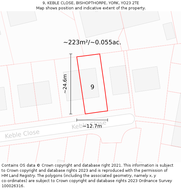 9, KEBLE CLOSE, BISHOPTHORPE, YORK, YO23 2TE: Plot and title map