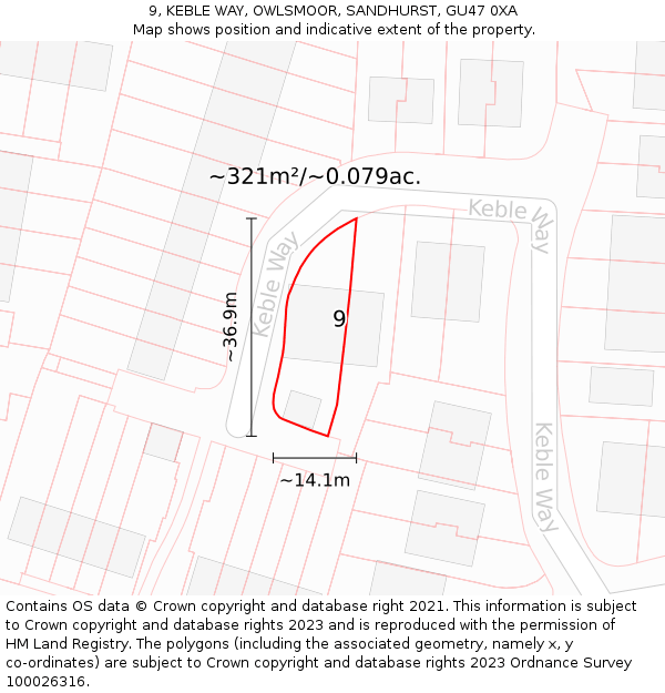 9, KEBLE WAY, OWLSMOOR, SANDHURST, GU47 0XA: Plot and title map