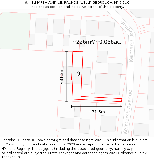 9, KELMARSH AVENUE, RAUNDS, WELLINGBOROUGH, NN9 6UQ: Plot and title map