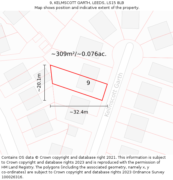 9, KELMSCOTT GARTH, LEEDS, LS15 8LB: Plot and title map