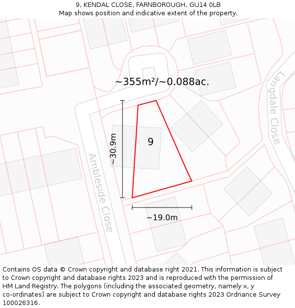 9, KENDAL CLOSE, FARNBOROUGH, GU14 0LB: Plot and title map