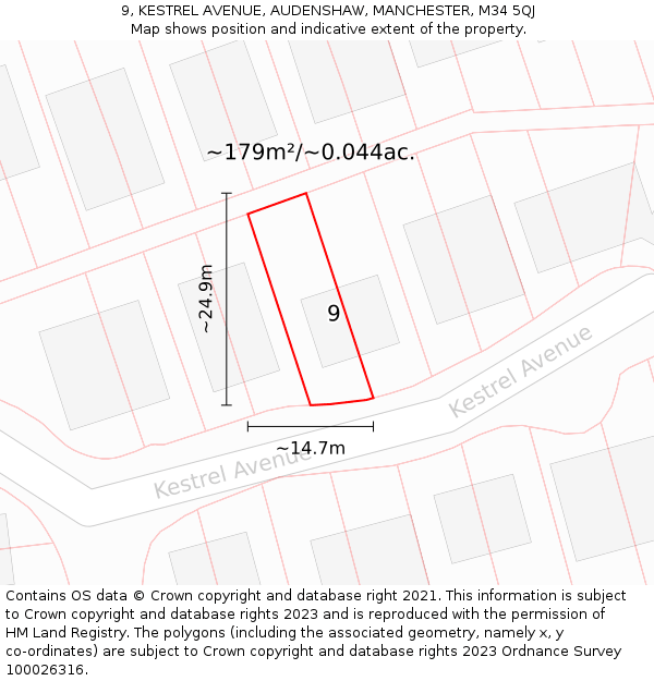 9, KESTREL AVENUE, AUDENSHAW, MANCHESTER, M34 5QJ: Plot and title map