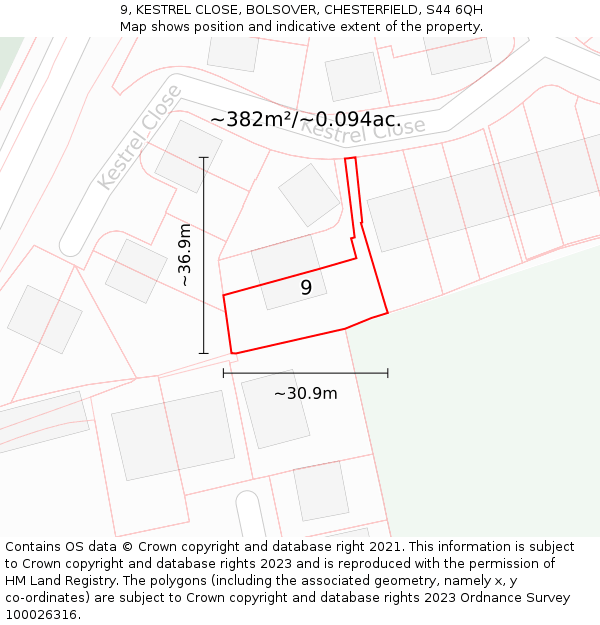 9, KESTREL CLOSE, BOLSOVER, CHESTERFIELD, S44 6QH: Plot and title map