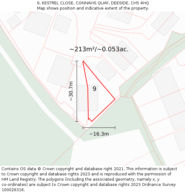 9, KESTREL CLOSE, CONNAHS QUAY, DEESIDE, CH5 4HQ: Plot and title map