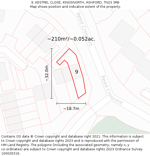 9, KESTREL CLOSE, KINGSNORTH, ASHFORD, TN23 3RB: Plot and title map